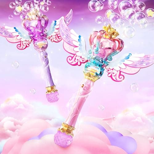 Uregoio 2 Pack Princess Bubble Wands Machine for Girls with Rotating Design Outdoor Bubble Maker Toys for Kids Ages 48 Rechargeable Light Music Fairy Wands for Party BirthdayPink Purple