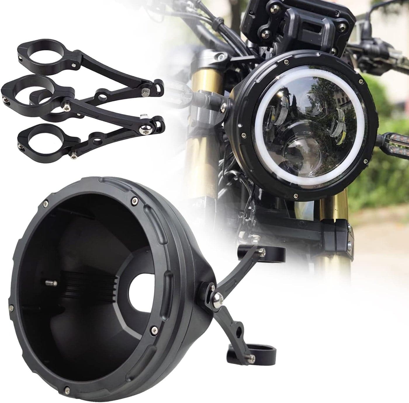 HARPUOU 7-Inch Aluminum Alloy CNC Motorcycle Headlight Housing Bucket with Side Mounting Bracket