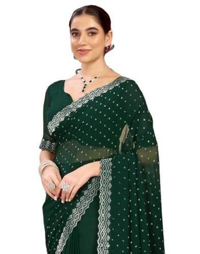 SIRIL Women's Georgette Hot Fixing Stone Work Saree With Unstitched Blouse Piece (4085S189_Dark Green)