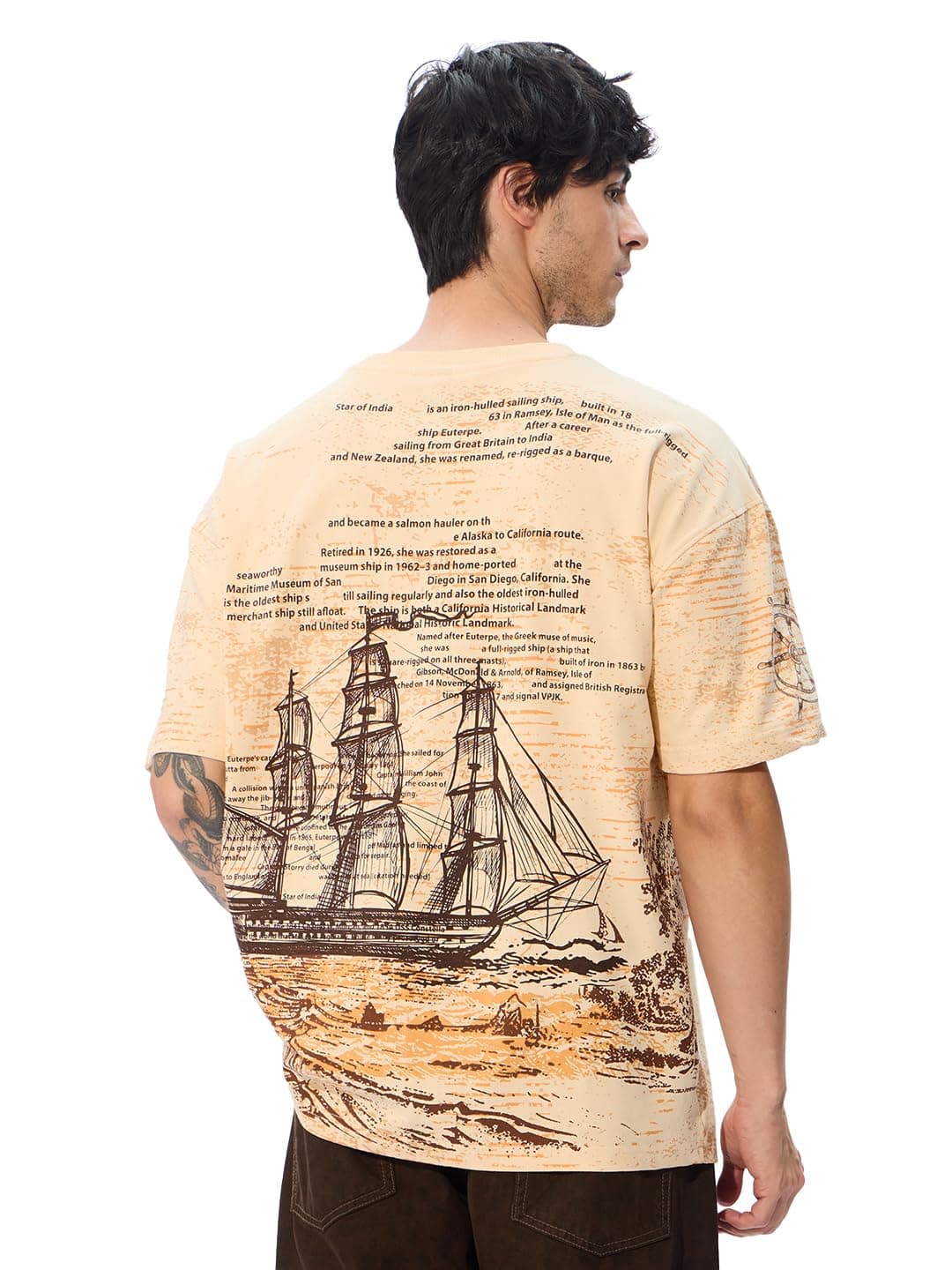 The Souled Store Let's Sail Oversized T-Shirt for Men Boys Cotton Casual Half Sleeves Baggy Loose Fit Drop Shoulder Round Neck Beige