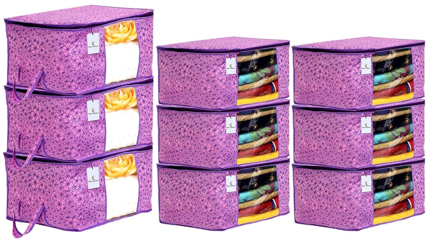 Kuber Industries Metallic Printed Non Woven 6 Pieces Saree Cover and 3 Pieces Underbed Storage Bag Cloth Organizer for Storage Blanket Cover Combo Set Pink Purple CTKTC38579