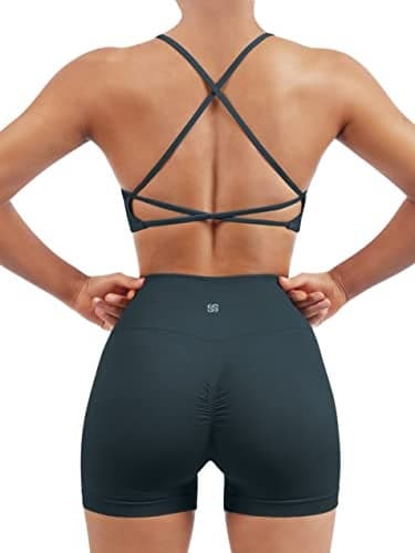SUUKSESS Women Seamless 2 piece Workout Sets Strappy Padded Sports Bra Booty High Waisted Shorts Outfits (Deep Green,S)