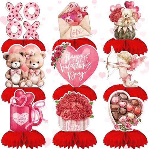 Valentine Honeycomb Centerpieces for Table 9Pcs Valentine Table Decorations 3D Valentines Centerpiece Red Pink Valentines Day Decorations Bear Heart Table Toppers for Valentine Party Supplies