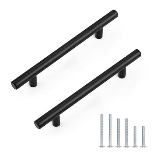 Probrico 10 Pack Holes Centers(128mm) 5Inch Flat Black Cabinet Pulls, Stainless Steel Dresser Drawer Handles, Euro T Bar 7.5inch Length Pull Handle for Kitchen Cabinets