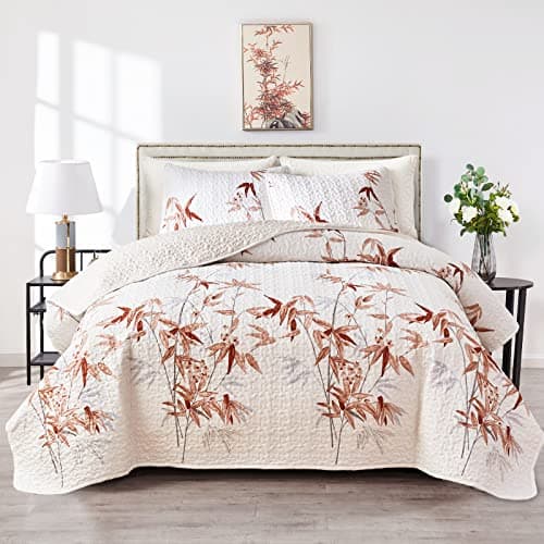 Botanical Quilt Set 3 Pieces King, Burnt Orange Leaves on White Design Reversible Bedspread Coverlet Set, Soft Microfiber Lightweight Bed Cover for All Season (102" x 90", 1 Quilt+ 2 Pillow Shams)