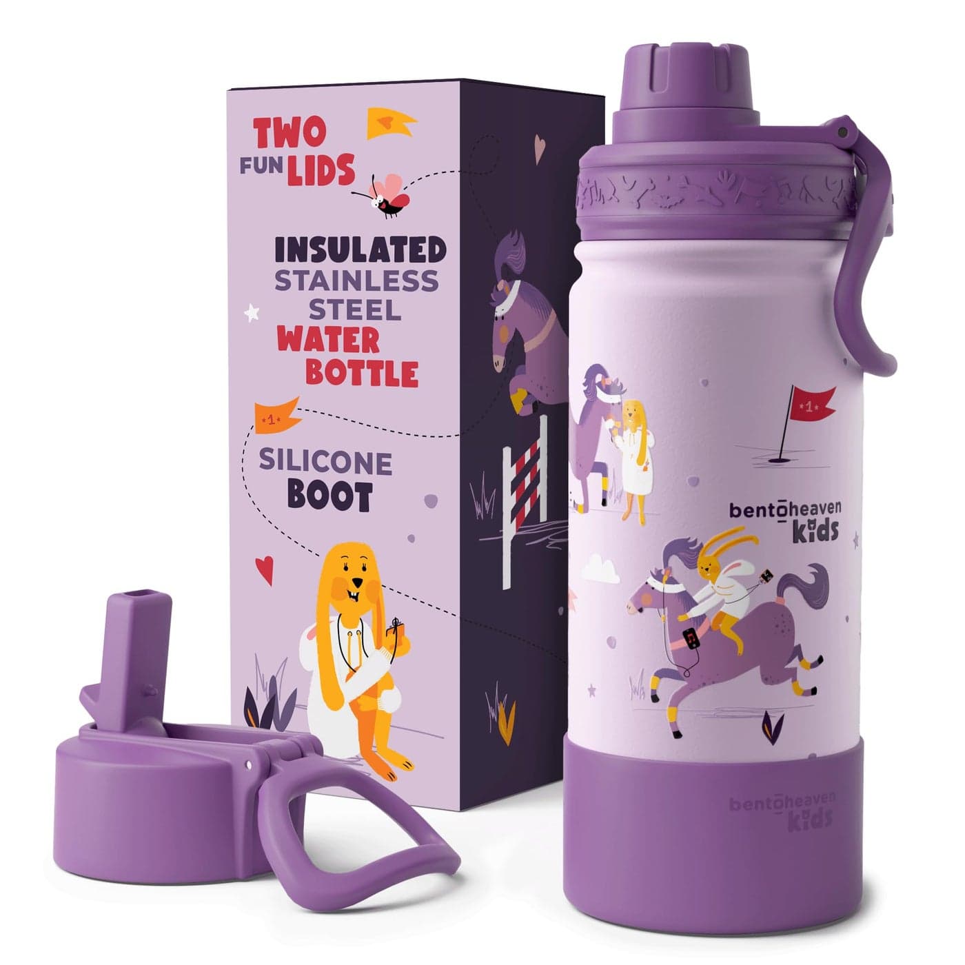 Bentoheaven Kids Water Bottle Stainless Steel for Boys Girls 2 Lids Chug Straw Handle Silicone Boot Reusable Metal Leakproof Insulated Tumbler School Sports 17oz Purple