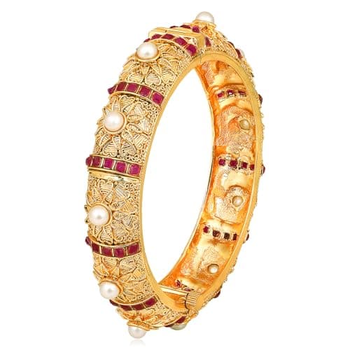 Peora Gold Plated Synthetic Stone & Pearl Studded Single Piece Openable Kada Bangle Traditional Jewellery for Women (Size - 2.8 inch)