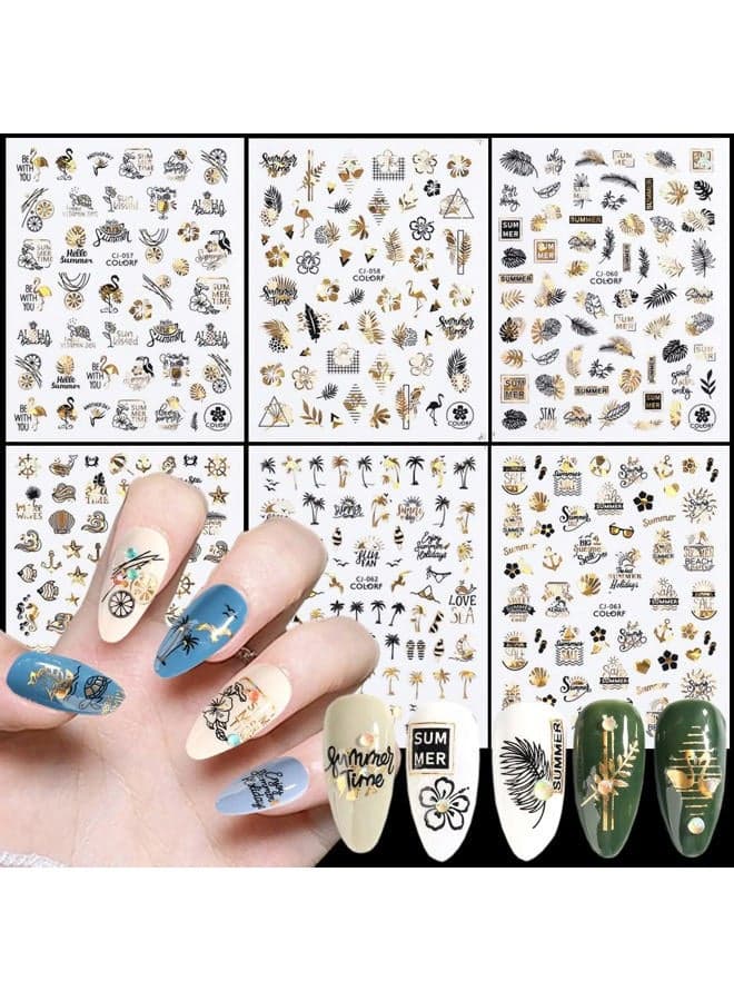 Gold Summer Seaside Nail Art Stickers, Mermaid Coconut Tree Flowers Leaf Nail Adhesive Sticker Design, Holographic Laser Beach Nail Decals for Women Girls Manicure Glitter Decoration, Transfer Decal