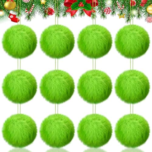 Gejoy 12 Pcs Lime Green Furry Christmas Ball Ornaments for Xmas Tree Green Christmas Hanging Decorations Soft Faux Fur Pom Pom Ball Ornaments for Home Party Supplies Fireplace Mantel Wall Decor