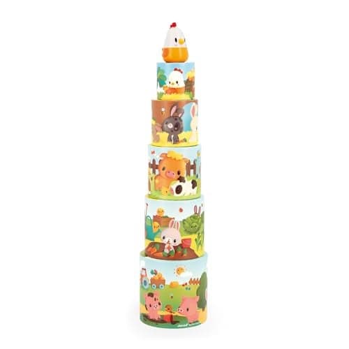 Janod Farm My First Stacking Pyramid Playset 5 Nesting Cylinders and 1 Wooden Hen Ages 12 Months 3 Years J03310