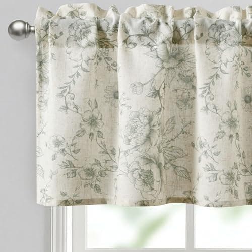 JIUZHEN Thick Textured Linen Floral Valance for Kitchen/Living Room/Bedroom Window, Rod Pocket French Farmhouse Light Filtering Valance Curtain, Green Peony Fragmented Flowers, 52 x 14 Inches, 1 Panel
