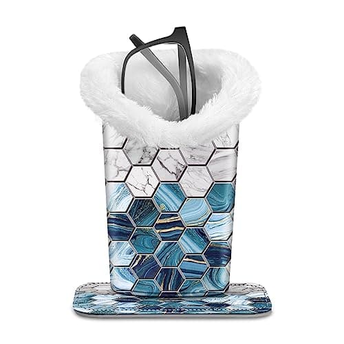 FINTIE Plush Lined Eyeglasses Holder Glasses Stand Case Antiscratch Glasses Storage Organizer for Desk Nightstand Office Agate Hexagons