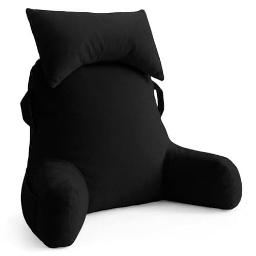 Unisakey Portable Reading Pillows with Headrest for Bed Sitting Up(Brown Oeko-Tex), Velvet Back Pillow with Arms & Pockets for Adults, Support Memory Foam Bed Pillow for Dorm/Reading/Watching/Gaming