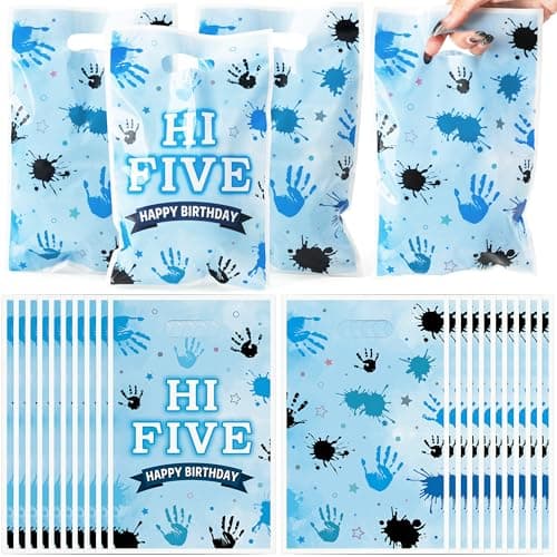 ArianQicult Hi Five Party Favor Bags 50Pcs Blue High 5 Year Old Goody Candy Treat Gifts Bags 5th Birthday Painting Decorations for Boys Girls Kids Five Years Old Birthday Baby Shower Supplies