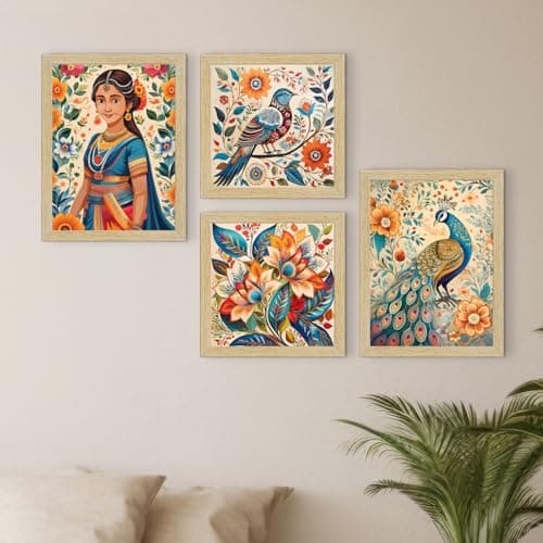 ArtX Paper Madhubani Indian Art Paintings with Frame for Home Decor, Wall Painting for Living Room, Multicolor, Set of 4
