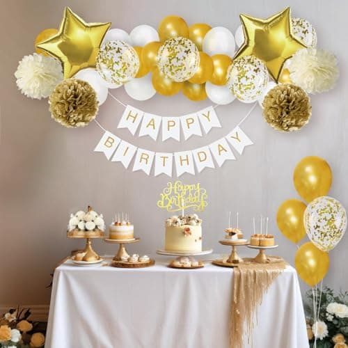 Party Propz Birthday Decoration Kit – 43 Pcs, Golden & White Balloons Set with Birthday Banner, Cake Topper, Star Foil Balloons & Pom Poms | Happy Birthday Decoration Kit for Boys