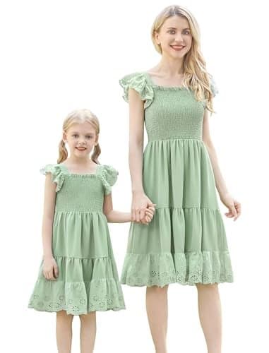 AWIBMK Mommy and Me Dress Boho Summer Casual Holiday Mother Daughter Matching Ruffle Sleeve Aline Tiered Smocked Dress Green XL