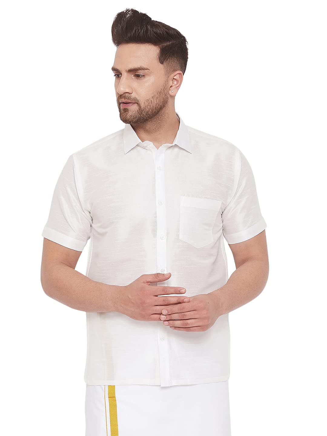 VASTRAMAY Men's White Silk Blend Ethnic Shirt - Half Sleeves, Solid Self-Design, Cutaway Collar, Festive (S - XL)