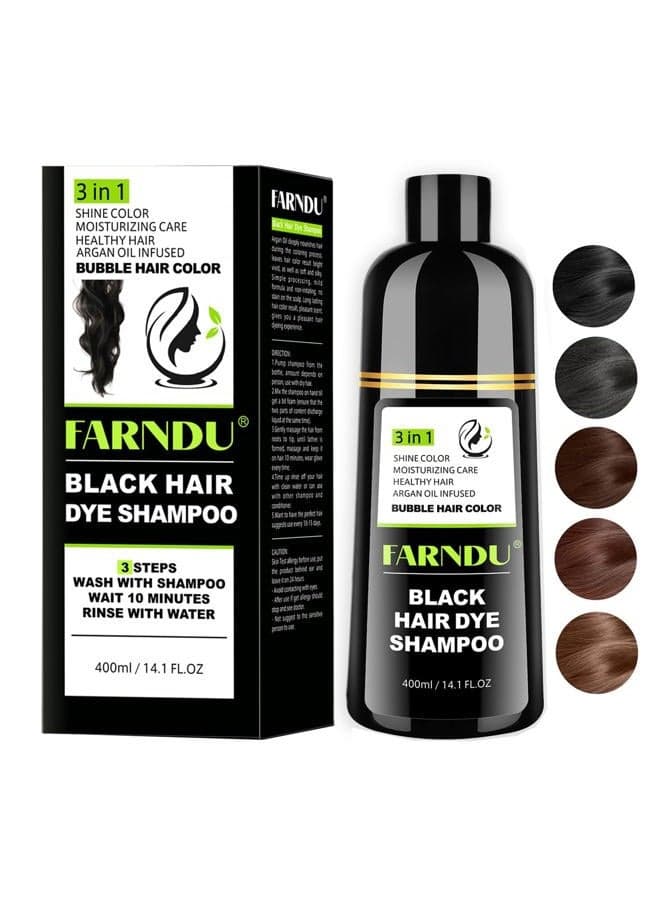 Farndu Black Hair Dye Shampoo for Women & Men, Gray Hair Coverage Herbal Natural 3 in 1 Hair Color Shampoo, Champu para canas