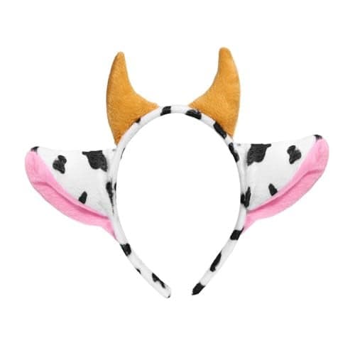 Hosfairy Cow Ears and Horns Headband Plush Animal Ears Headwear Elastic Hair Hoop – Soft Costume Hair Accessories for Party, Cosplay, Dress-Up