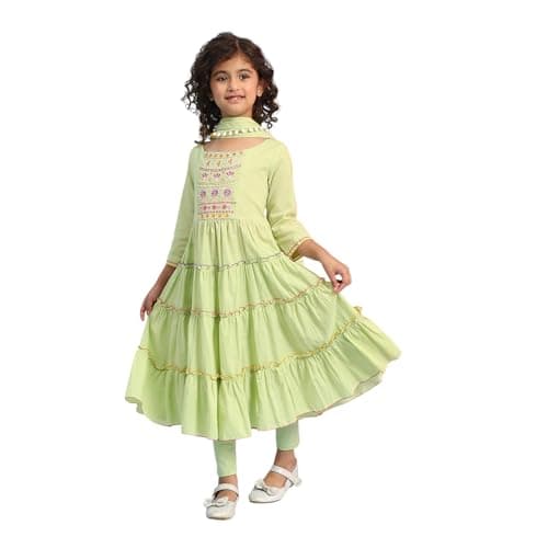 Biba Girls Pastel Green Tiered Cotton Solid Kurta suit set