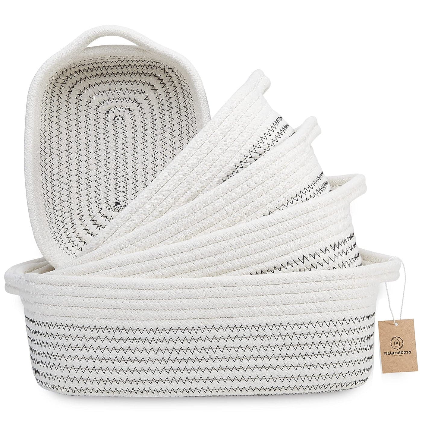 NaturalCozy 5Piece Rectangle Storage Basket Set Natural Cotton Rope Woven Baskets for Organizing Small Basket for Montessori Baby Nursery Dog Toy Baskets Cat Toy Box Bathroom Organization Bin