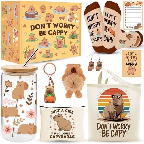 WOFIROY 10 Pieces Capybara Gifts for Women, Cute Capybara Stuff with 16 Oz Glass Cup Tote Bag Makeup Bag Socks Hairband Keychain Sticky Notes Earrings for Capybara Lover Birthday Christmas Gift