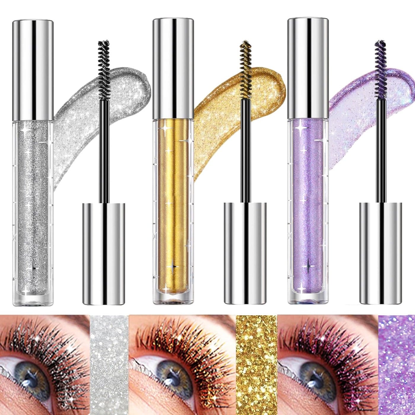 Bekoeen 3PCS Sparkling Diamonds Mascara Waterproof Shining Colorful Lashes for Eyelashes Long Lasting Lengthening Volumizing Mascara for Party Wedding