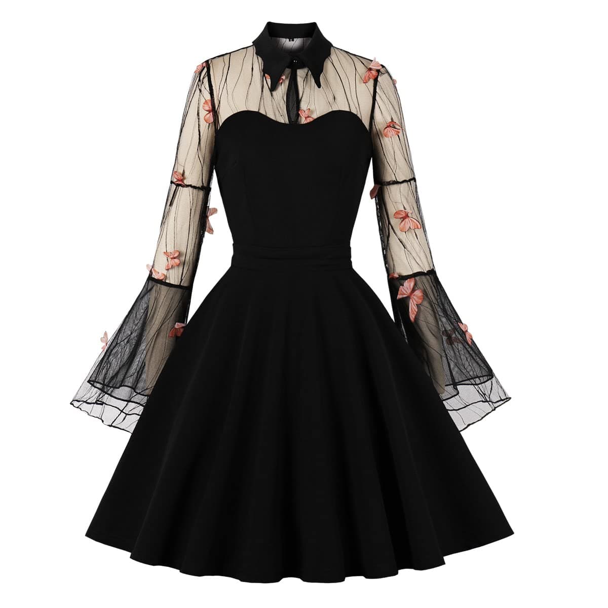 IWEMEK Women Butterfly Keyhole Contrast Mesh Bell Long Sleeve Gothic Dress 1950s Vintage Cocktail Dress Panel Polka Dot Black Witch Dress Plus Size 50s ALine Party Goth Dress OrangeButterfly 4XL