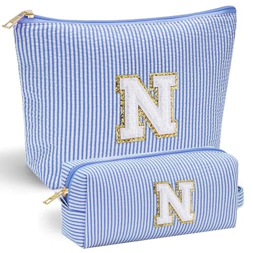 YOOLIFE Personalized Gifts for Women Initial Makeup Bag with Makeup Pouch Cosmetics Organizer Bag Cute Makeup Bag Wedding Mothers Day Gifts Wedding Gifts for Sister Wife Friend Female Mom Blue N
