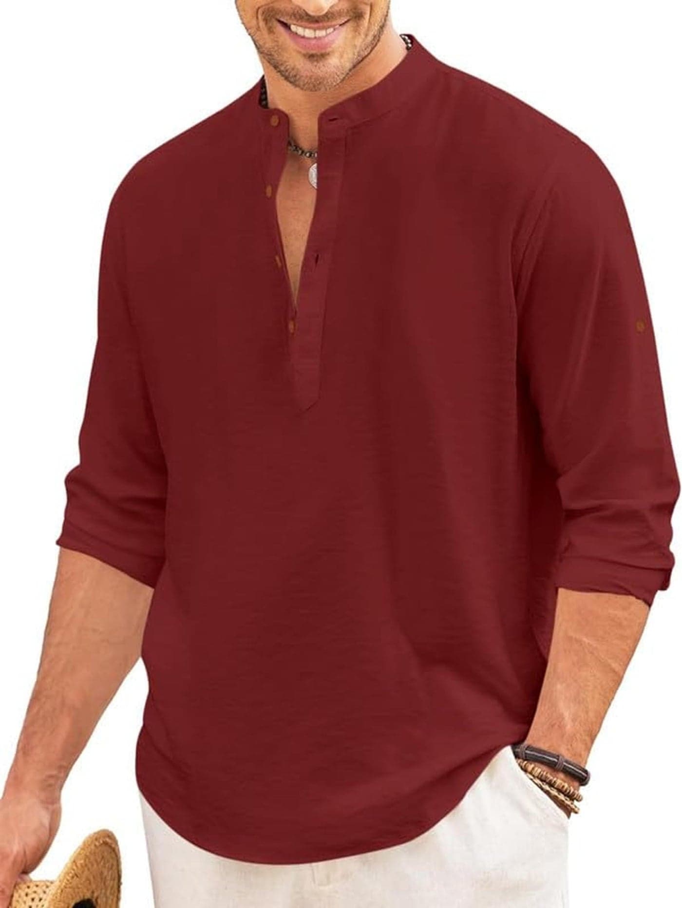 ROYALSCOUT Men’s Short Cotton Polyester Blend Full Sleeve Mandarin Collar Solid Casual Ethnic Wear Regular Fit Pullover Style Kurta (FC_BTN) Maroon