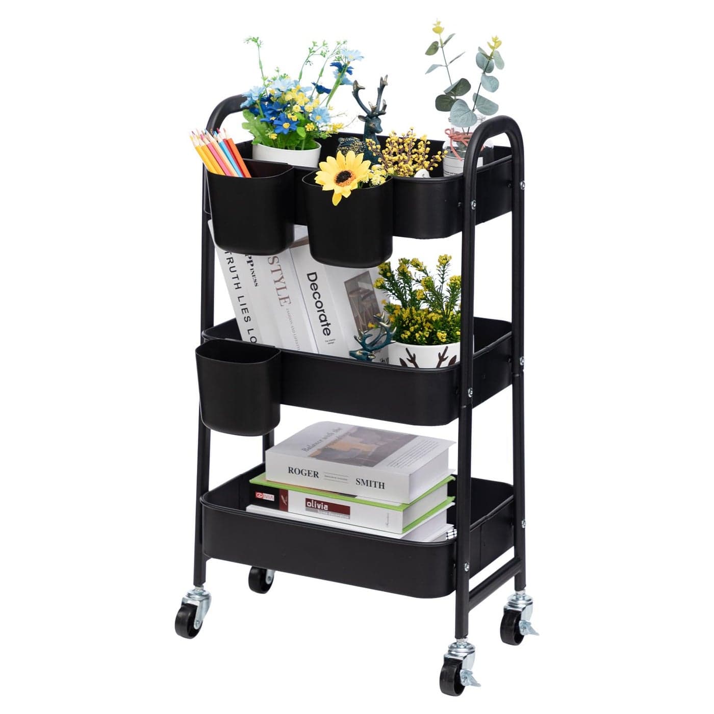 DOEWORKS 3Tier Storage Trolley Metal Rolling Kitchen Trolley on Wheels Craft Trolleys Book Trolleys Utility Storage Cart for Beauty Room Bathroom Office Black with 3 Cups