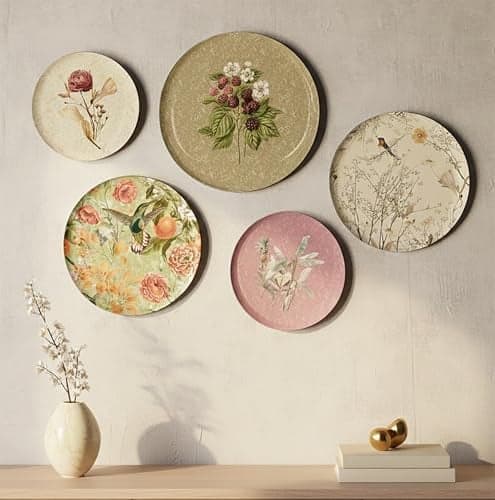 Dessine Art Botanic Bliss Wall Plates Set of 5 – Decorative Metal Wall Art for Home Decor | Botanical & Floral Wall Plates for Living Room, Bedroom, Office | Elegant Wall Hanging Gift Item