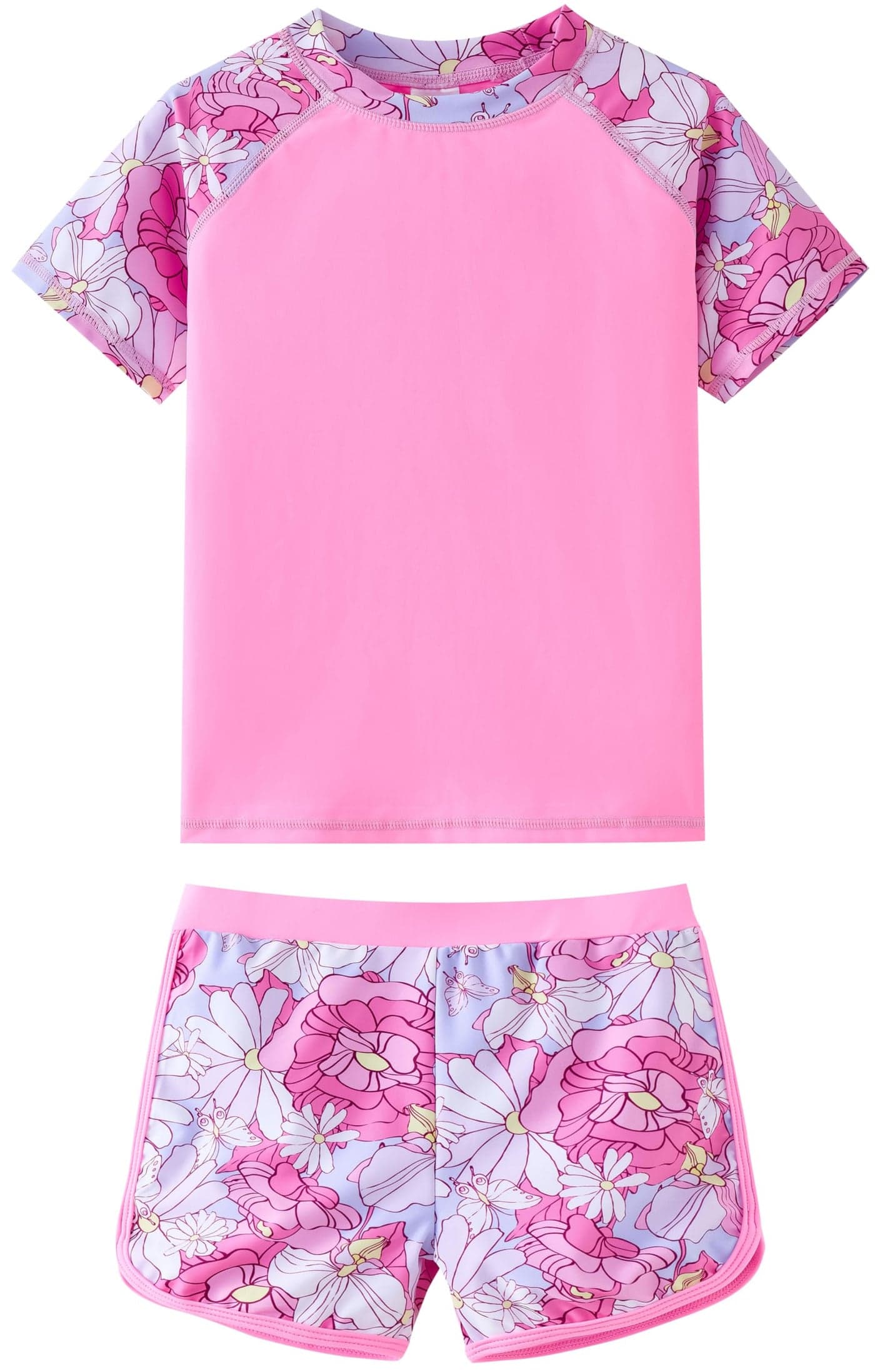 UMELOK Girls Rash Guard Swimwear 2 Pieces Swim Short Sleeve Bathing Suit Rashguard Summer Swimsuit Beach Sets Pink, Dahlia 7Y