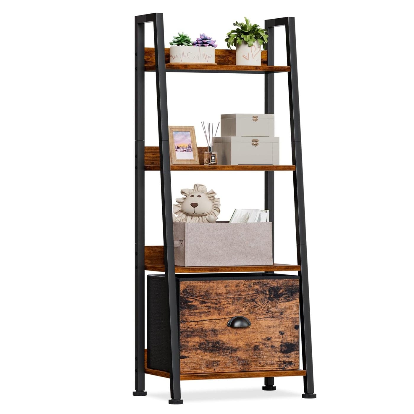 Furologee 4Tier Ladder Shelf Ladder Bookshelf with Removable Drawer Rustic Bookcase Storage Rack Organizer Wood Metal Freestanding Storage Shelves for Living Room Home Office Bedroom Kitchen