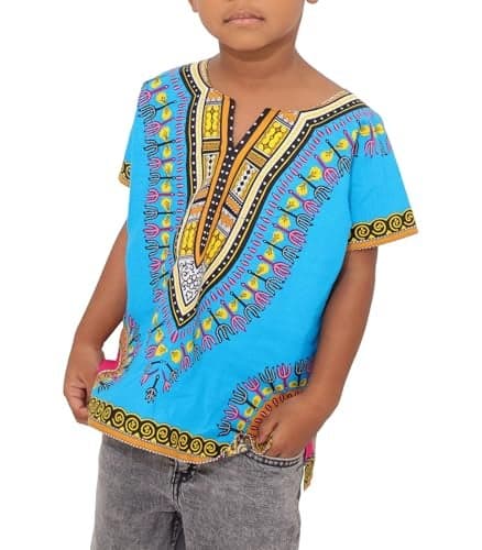 DA'IKI Dashiki Cotton Childs Shirt African Tribal Kaftan Childrens Unisex Boys Girls, 10 Years-12 Years, Dashiki - Dodger Blue Bright