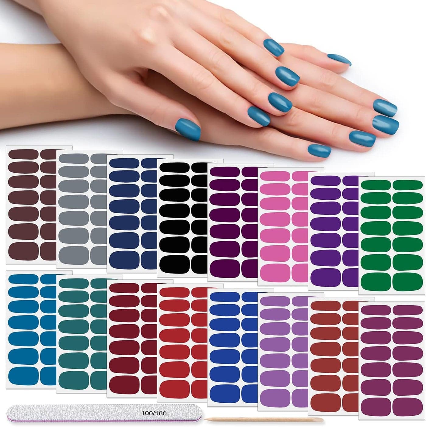 DANNEASY 16 Sheets Nail Wraps for Women Nail Polish Strips Solid Color Self Adhesive Nail Polish Stickers Fingernails Manicure Stickers for Nail Art with 1pc Nail File, Cuticle Stick (Dark Series)