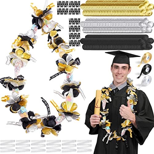 Unittype 6 Sets 2025 Graduation Candy Lei Making Kit DIY Lei Netting Tubing Include 5 ft Mesh Bag 3 Rolls of 98 ft Ribbon 216 Pcs Flower Pieces for Grad Party Supplies(Blue, Silver Gray, Black)
