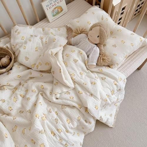 BuLuTu Baby Toddler Muslin Blanket Crib Baby Quilts Cot Comforter Nursery Bed Throw Blanket Toddler Quilt Blanket Soft Breathable Super Cute Duck Pattern 47x59 Inch15 Pounds