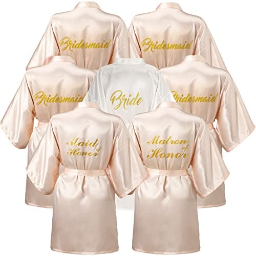 Jinei 7 Pcs Bridesmaids Satin Robes Wedding Bride Matron of Honor Kimono Robes Maid of Honor Robe for Wedding Bridal Party Gift Champagne Elegant
