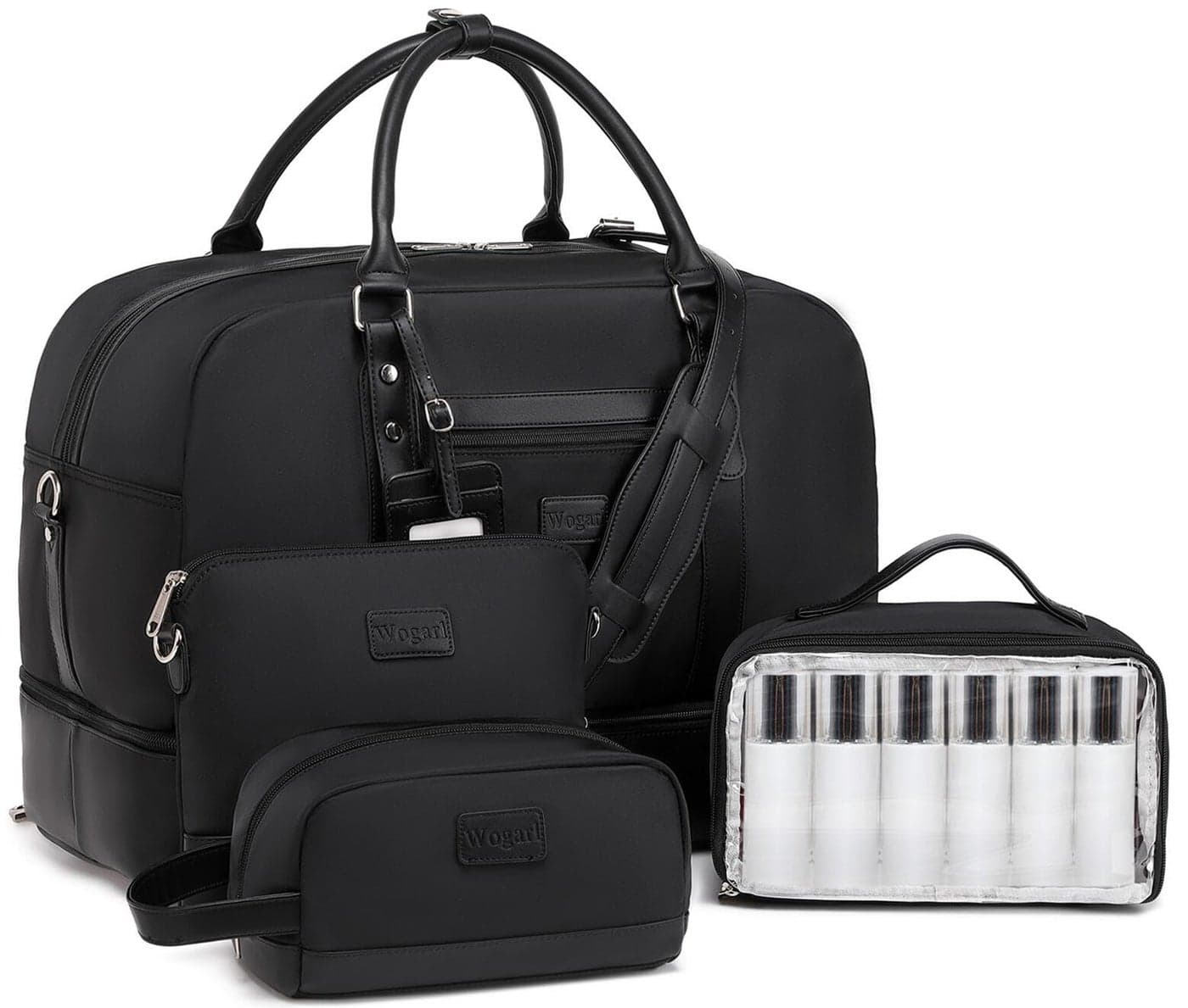 Wogarl 4PCS Weekender Bags for Women Large Overnight Bag Weekend Travel Duffel Bag Carry on Shoulder with Shoe Compartment Canvas Toiletry Bag for Travel Business Gym(Black-FH)