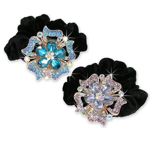 Jeweled Flower Hair Tie Scrunchies Set of 2 – Rhinestone Crystal Elastic Hair Bands for Women – Ponytail Holder with Blue & Pink Floral Gold Tone Design – Elegant Hair Accessories Gift