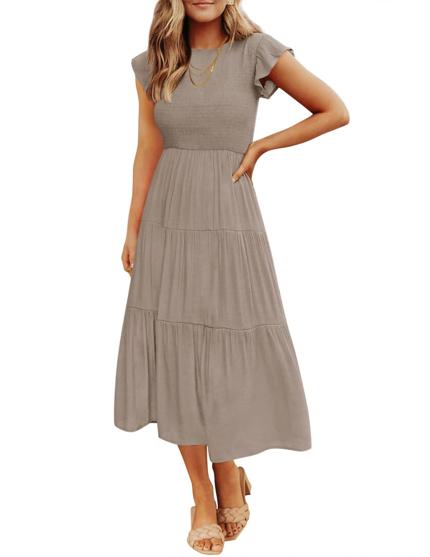 ZESICA Womens 2025 Summer Casual Flutter Short Sleeve Crew Neck Smocked Elastic Waist Tiered Midi DressLight KhakiSmall