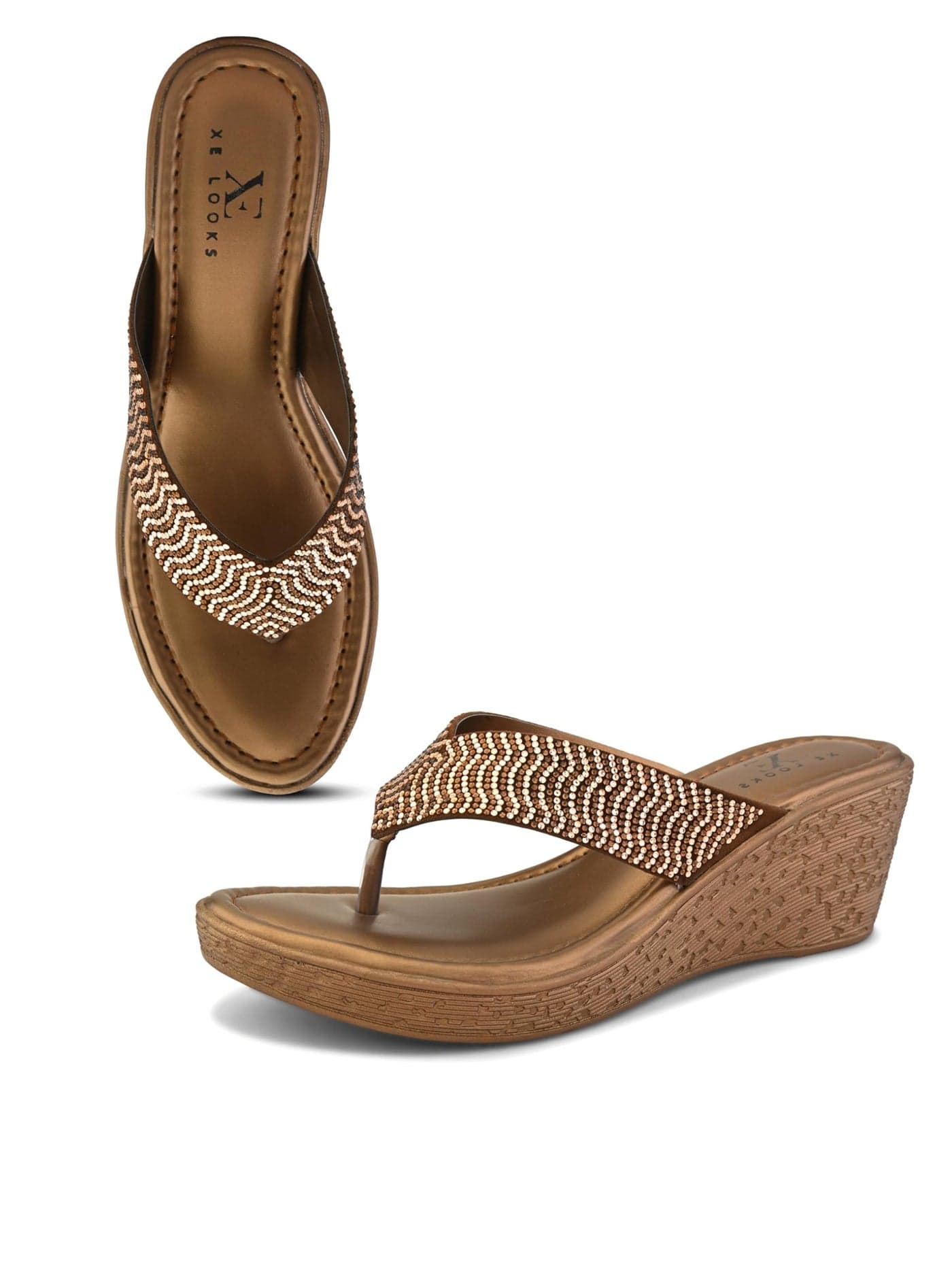 XE Looks Copper Wedge Thong Sandals for Women | Pleated Upper Strap with Subtle Rhinestone Embellishments | Cushioned Footbed & Slip-On Low Wedge Heel | Lightweight All-Day Comfort