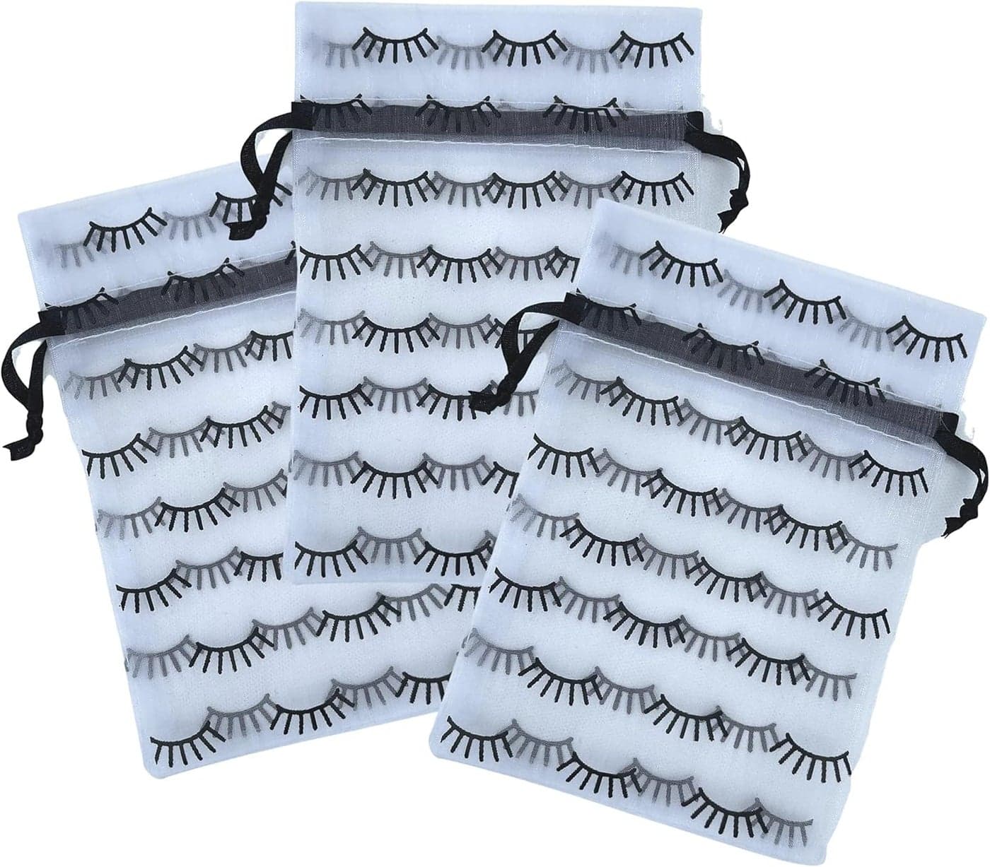 Lash Print Organza Bag | 25 Pack | Size 5x7 inch inch | Lash Aftercare Kit Bag | White Bag with Black Simple Lash Print and Black Satin Drawstring Design