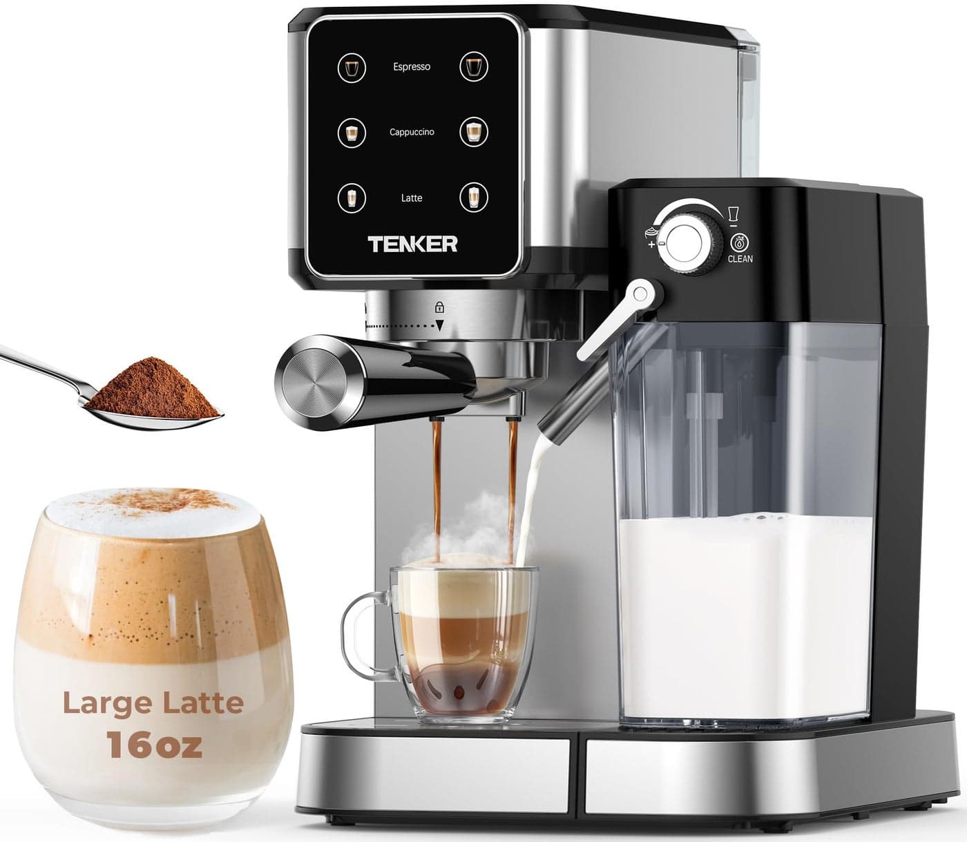 TENKER Espresso Machine 20 Bar Cappuccino Machine with Automatic Milk Frother Latte Machine in Stainless Steel Design 1350W Touchscreen Coffee Maker for Home and Office Silver