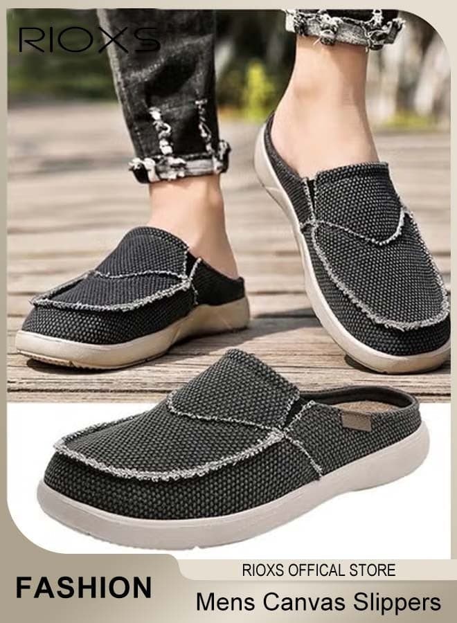 Men's Loafer Mules, Classic Canvas Slippers with Arch Support, Slip On Casual Loafers Shoes for Men, Outdoor Indoor House Slipper for Male, Fashion Slide Clog Mules, Anti-Skid Open Back Loafers, Flats for Walking/ Going Out/ Shopping, Black Loafers