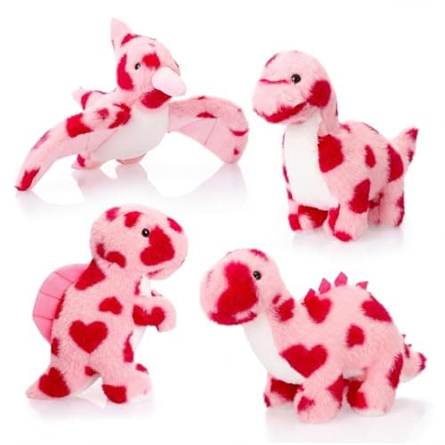 LaRandom 4 Pcs Valentines Gifts for Kids Pink Dinosaur Stuffed Animals Holding Heart 10 Inch Cute Soft Dinosaur Plushies Valentines Day Party Gifts for Girls Girlfriend Families Birthday Anniversary