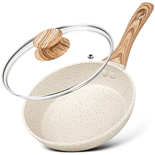 MICHELANGELO Frying Pan with Lid 20cm NonToxic StoneDerived with Bakelite Handle Small Pan for Induction Cream White