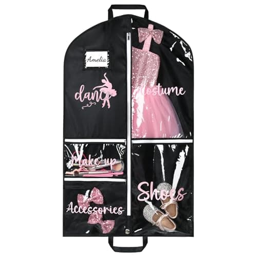 DEEKA Dance Garment Bag for Hanging Clothes with Zipper Pockets Dance Accessories Essentials Uniform Costume 40 Inch Dress Bags for Dance Competition Girls BlackPinkDance